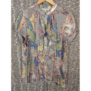 Quintessential Paisley Ruffled Short Sleeve Button Up‎ Blouse Women's Large